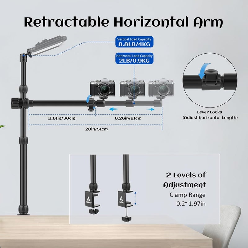 ailight Overhead Camera Mount Desk Stand, 15.75"-33.45" Webcam Mount with 2-Section Adjustable Telescopic Boom Arm, C Clamp/Swiveling Ball Head for DSLR Camera, Phone, Ring Light, Webcam - Image 3